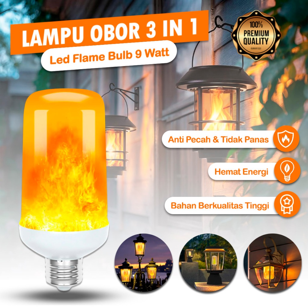 RALALI  Lampu Obor 9 Watt 3 In 1 – Bohlam LED Obor Lampu Efek Api Soket E27 LED Flame Bulb Lampu Dek