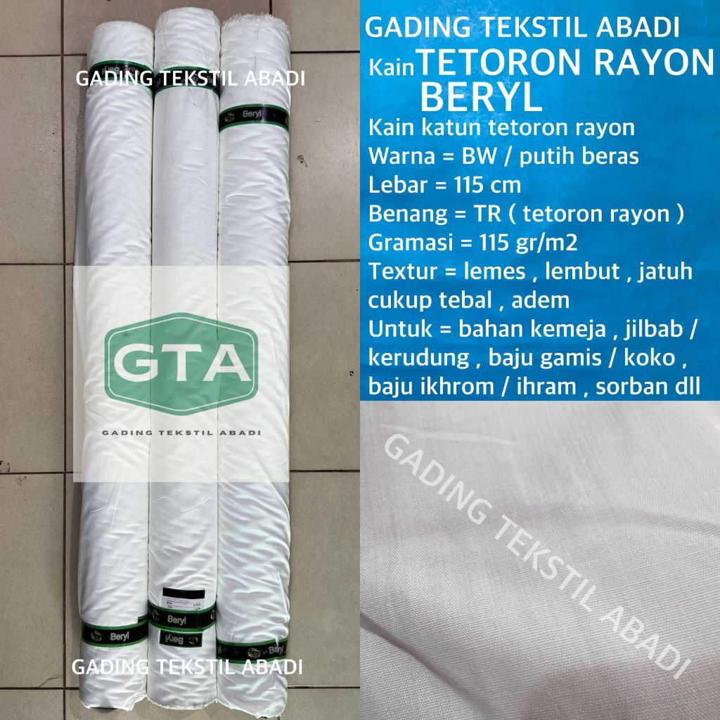 ( per 1 roll ) kain katun tetoron rayon BERYL lebar 115 cm warna BW broken white putih beras bahan k