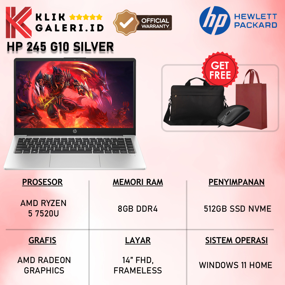 Laptop Kerja HP 245 G10 AMD Ryzen 5 7520U RAM 8GB 512GB SSD Garansi Resmi