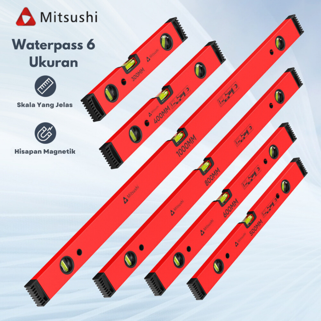 Mitsushi Spirit Level Waterpass Magnet Penggaris Pengukur Horizontal Akurat Perkakas 30/40/50/60/80/