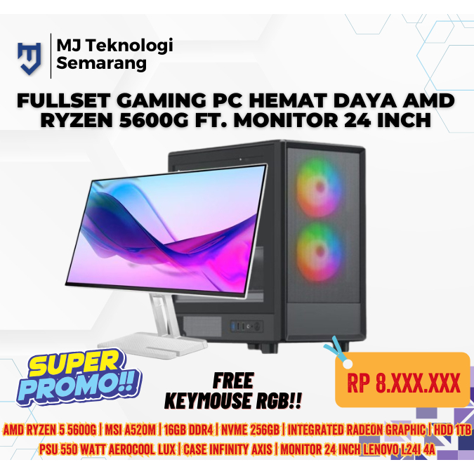 Fullset Gaming PC Hemat Daya AMD Ryzen 5600G ft. Monitor 24inch