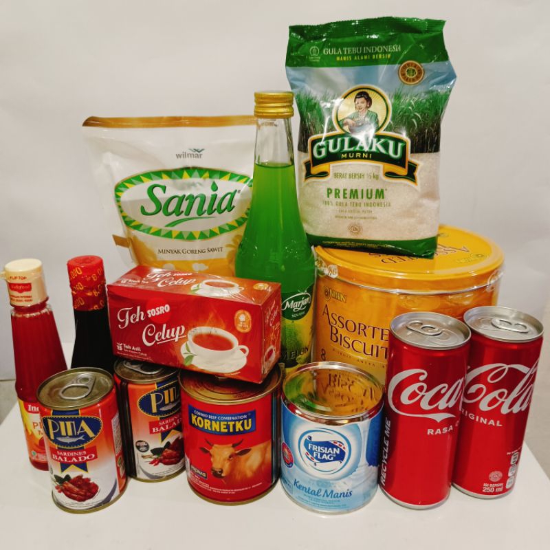 

Paket Sembako Hepi-5 : Syrup Marjan, Assorted Biscuit Nissin, Minyak Goreng, Gula Pasir, Teh Celup, Kornet, Sarden, Susu Bendera, Kecap Manis, Saos Sambal, Coca Cola Kaleng, Kemasan Tas Goodie Bag Plus Kartu Ucapan