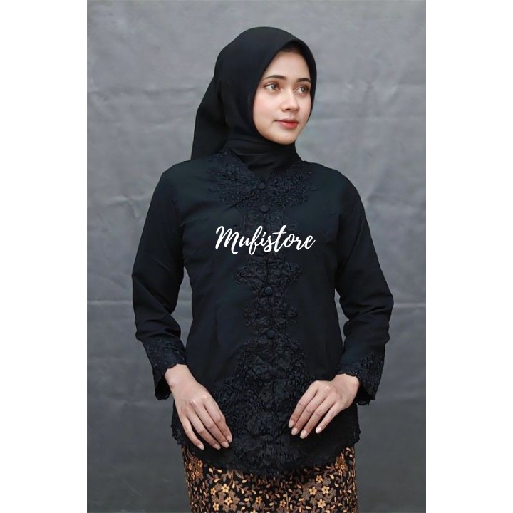 Kebaya Encim Bordir Senada Lengan Panjang - Kebaya Modern Wisuda Hitam