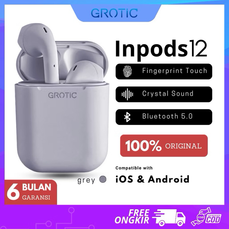 GROTIC inPods 12 TWS Earphone Bluetooth In-ear Macaron, Hitam/Putih/Biru/Pink/Hijau/Kuning/Biru Laut/Abu-abu/Ungu