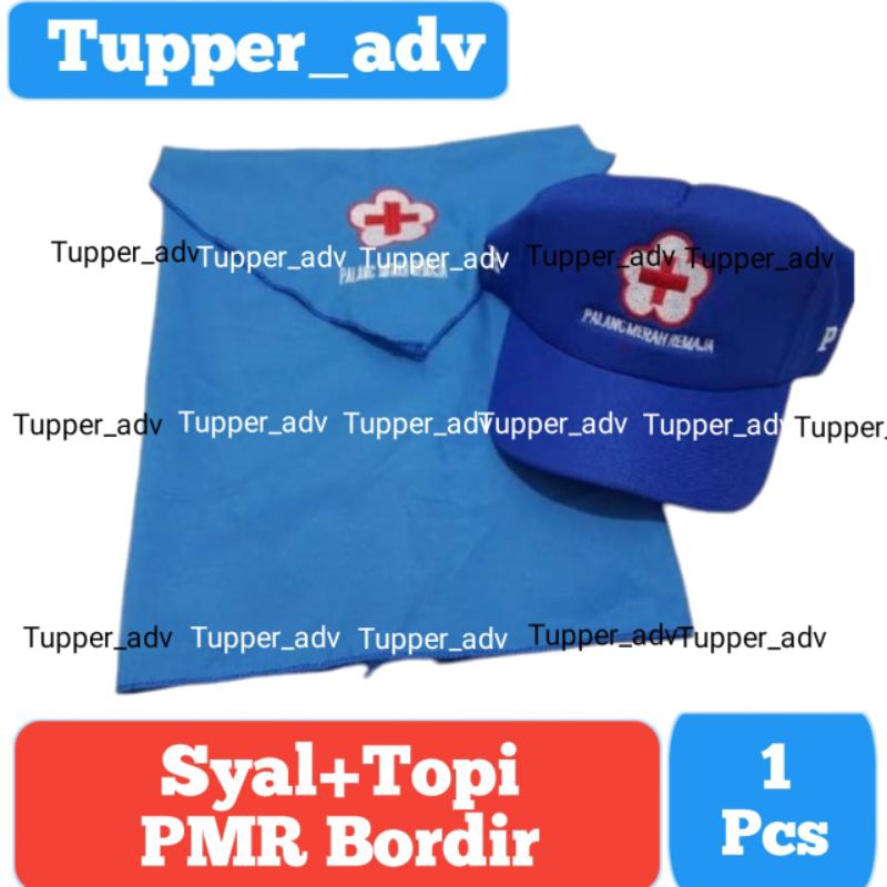 Syal PMR + Topi Biru (Madya) Bordir / Paket Syal + Topi PMR Bordir