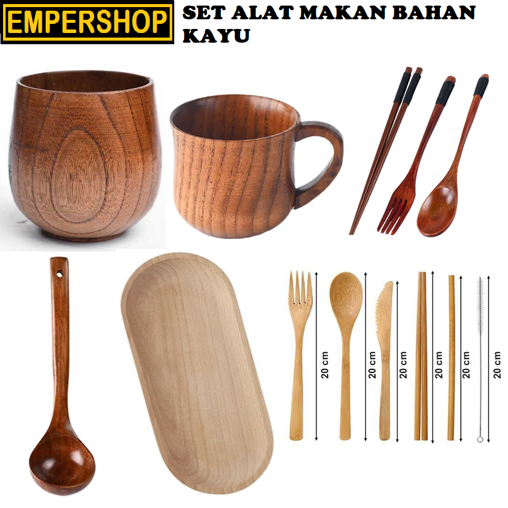 Set Alat Makan Kayu Wooden Piring | Gelas | Nampan | Sendok | Garbu | Sumpit | Bahan Kayu- SP7