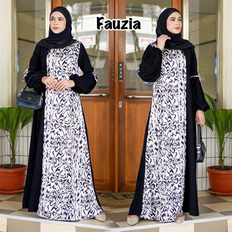 Fauzia Gamis Motif Abstrak Hitam Putih abaya fauzia abaya donimasi putih