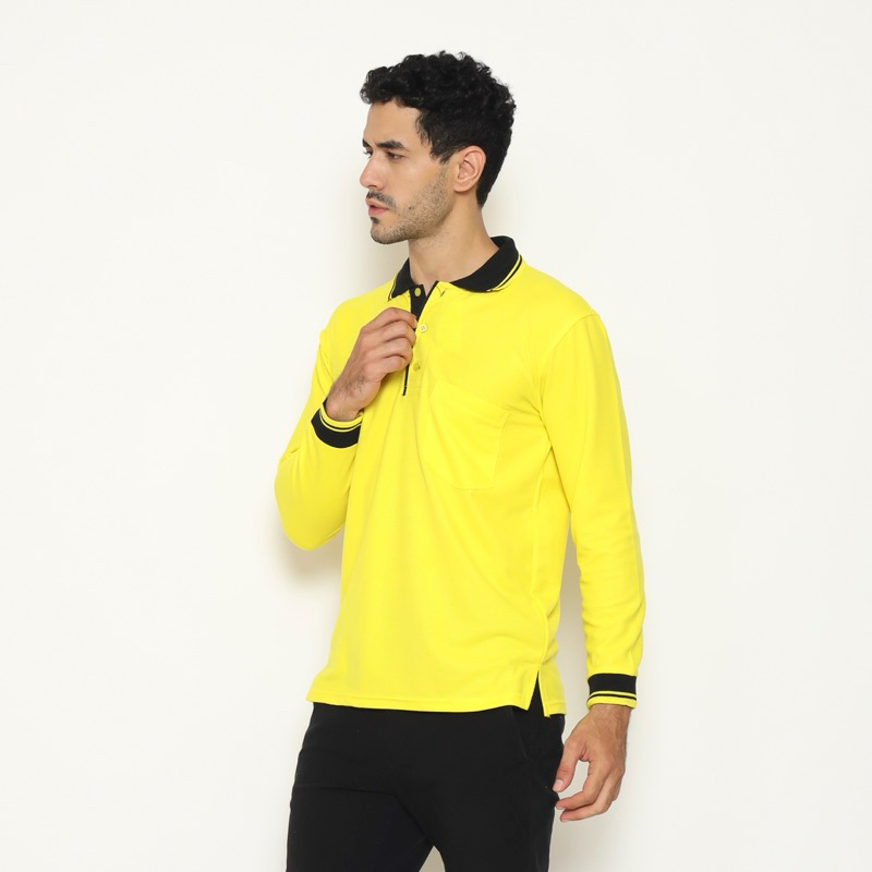 KAOS POLO SHIRT - LENGAN PANJANG - KUNING KENARI - KERAH HITAM - SAKU
