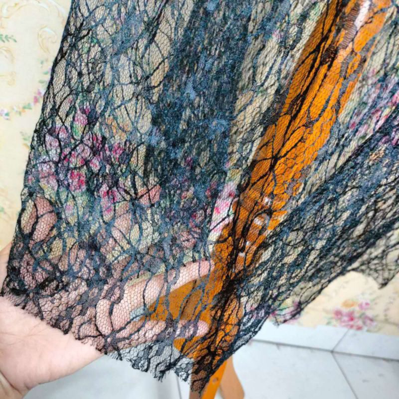 Rok Midi Hitam Tulle//Rok Tutu Renda Motif Import//Rok Panjang Jala RendaSeksiWanita