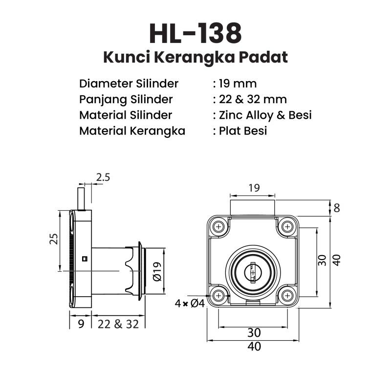 kunci padat huben HL 138-22mm / kunci kerangka padat lemari kabinet huben HL 138-22mm