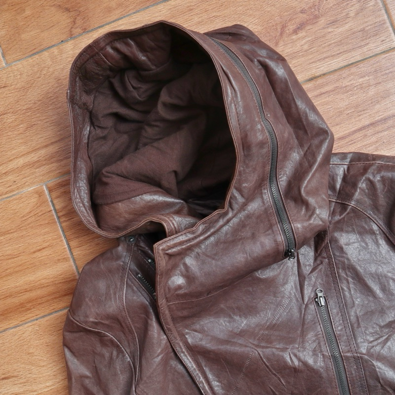 Jaket kulit asli domba itali coklat vintage slim biker rider berhoodie hudi hoodie leather jacket Pl