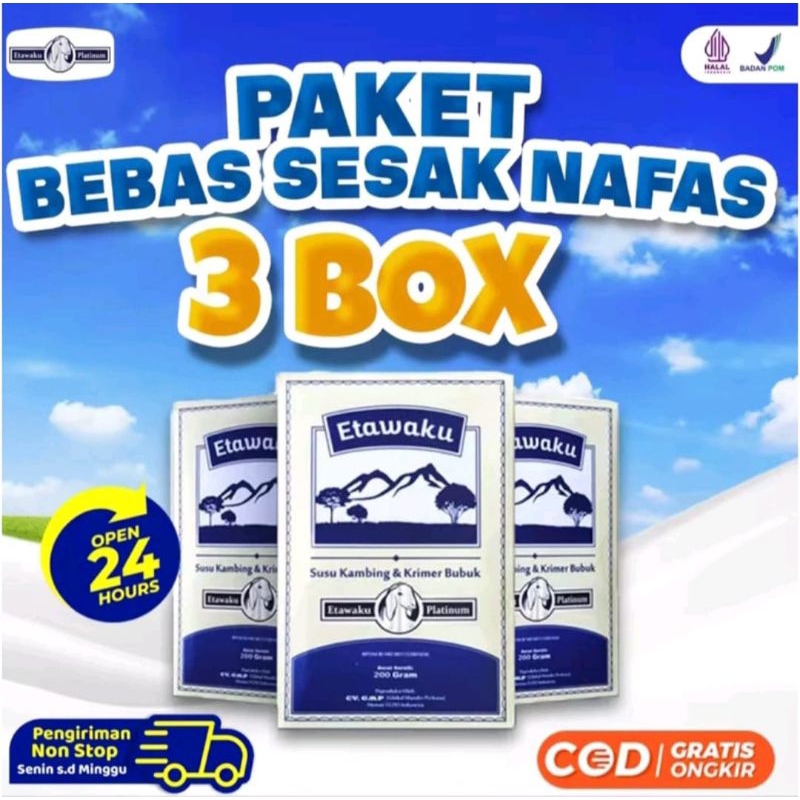 

Paket 3 Box Etawaku Platinum - Susu Kambing Etawa Murni + Krimer Bubuk yang Berkhasiat Tinggi Memiliki Kandungan Protein dan Vitamin