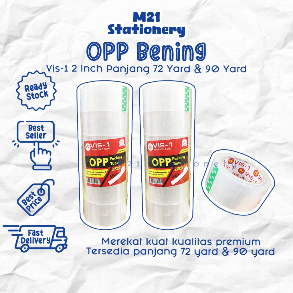 

(1 PCS) ISOLASI OPP BENING VIS-1 90 YARD & 72 YARD / 2 INCH WARNA TRANSPARAN LAKBAN SOLASI BESAR PEREKAT PREMIUM ALAT PACKING SELOTIP 2" LEM BAHAN PLASTIK MURAH ALAT TULIS KANTOR SEKOLAH ATK / M21 STATIONERY JOGJA