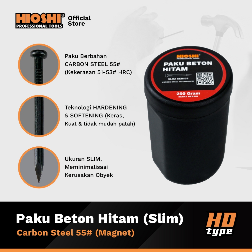 HIOSHI /250gram/Paku Beton/HITAM/Baja/Tembok/Cor/ 20 25 30 40 50 63 70mm (Slim / Kurus) - HD