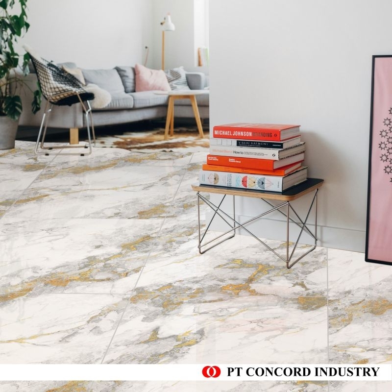 Keramik Ubin Lantai Ukuran 60x60 Putih Motif Marmer Concord Chery Gold