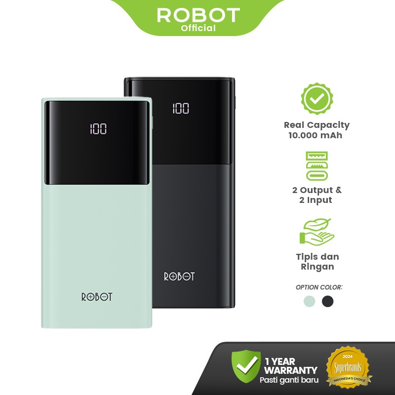 ROBOT Powerbank 10000 mAh 2A Real Capacity Dual Port USB Type C Power Bank Slim Fast Charging RT190S