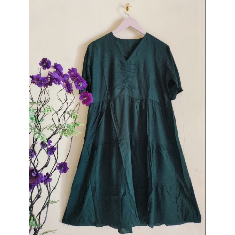 Dress rayon polos wanita lengan pendek