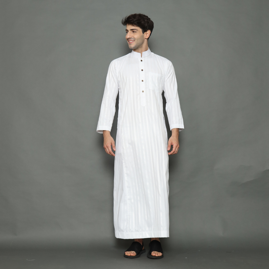 REV Gamis Jubah Arab Pria Dewasa Putih Motif Salur Lengan Panjang Thobee