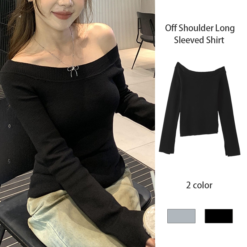 Premium Baju Korean Style Wanita Off Shoulder Crop Top Lengan Panjang Sexy Baju Atasan Wanita