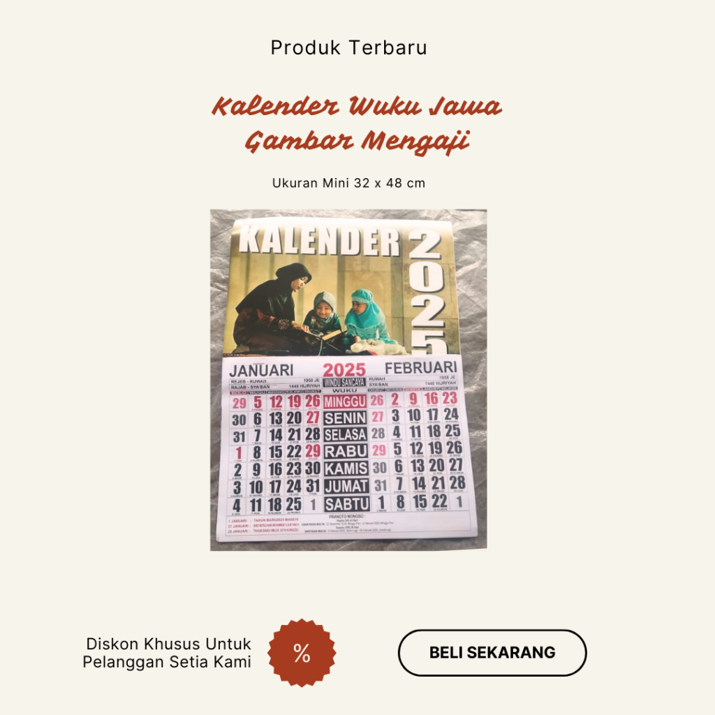 

Kalender Dinding 2025 Terbaru Wuku Jawa Gambar Mengaji Ukuran Mini 32 x 48 Cm - Hiasan Dinding Calender Kalendar Calendar Orang Ngaji Guru Anak Santri Kajian Al-Qur'an Alquran Quran Mushaf
