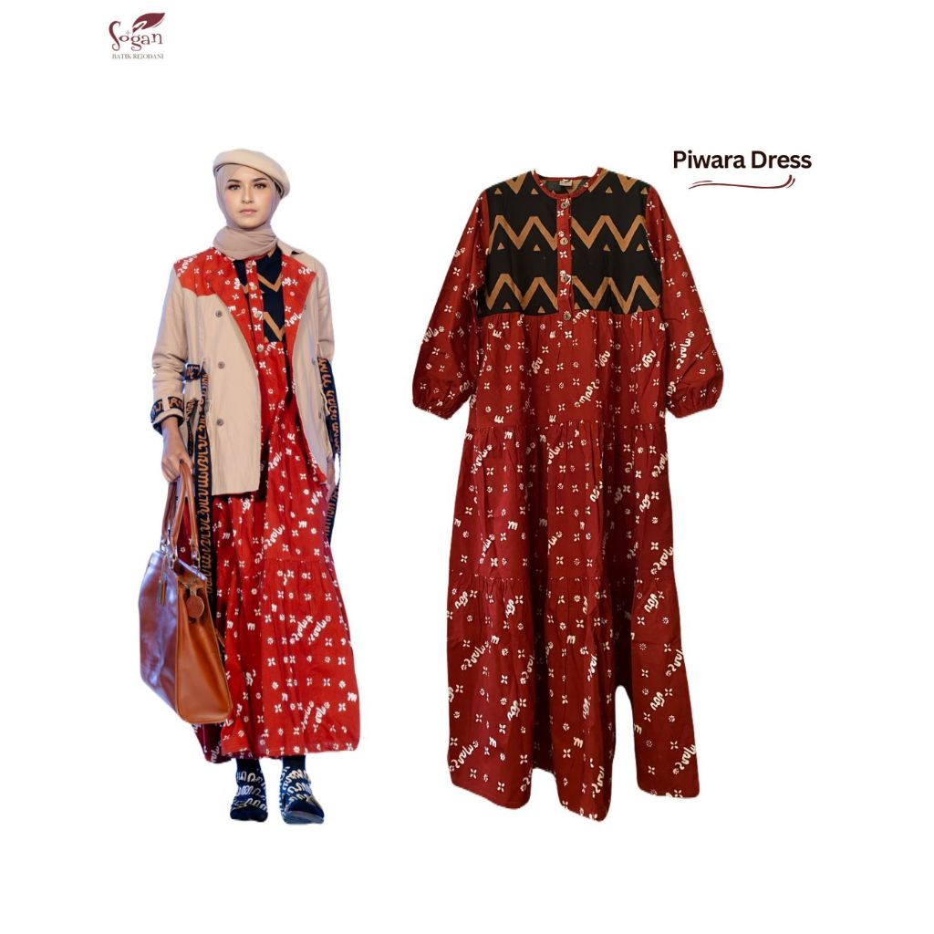 Piwara Dress Gamis Batik Asli Eksklusif Merah Bata Untuk Wanita by SOGAN BATIK