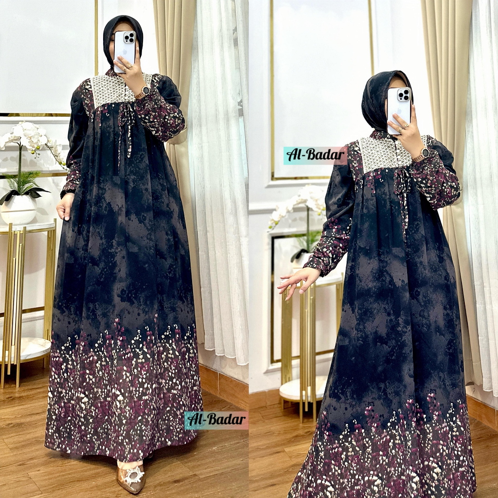 Gamis Ceruty Etnic Renda Dada Gamis Jumbo Motif Etnic Set Hijab Segi Empat Kekinian Busui FRIENDLY