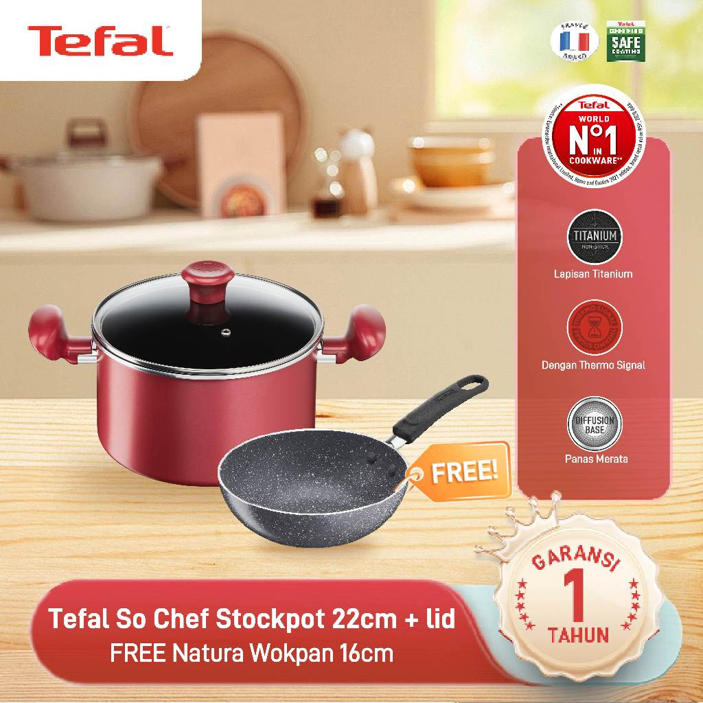 [FREE WOKPAN 16CM] Tefal So Chef Stockpot / Panci 22 cm + Lid