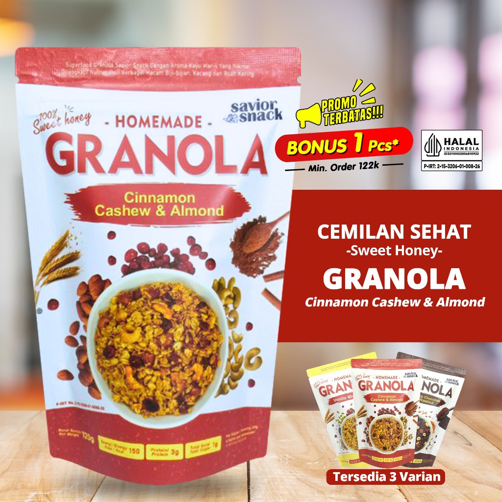 

Granola Crunchy Cinnamon Cashew & Almond, Sereal Oatmeal Cemilan Sehat untuk Diet | Savior Snack