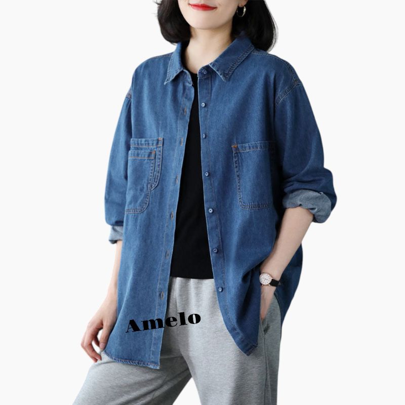 amelo - kemeja jeans  atasan wanita / cotton denim coats / peter pan collar