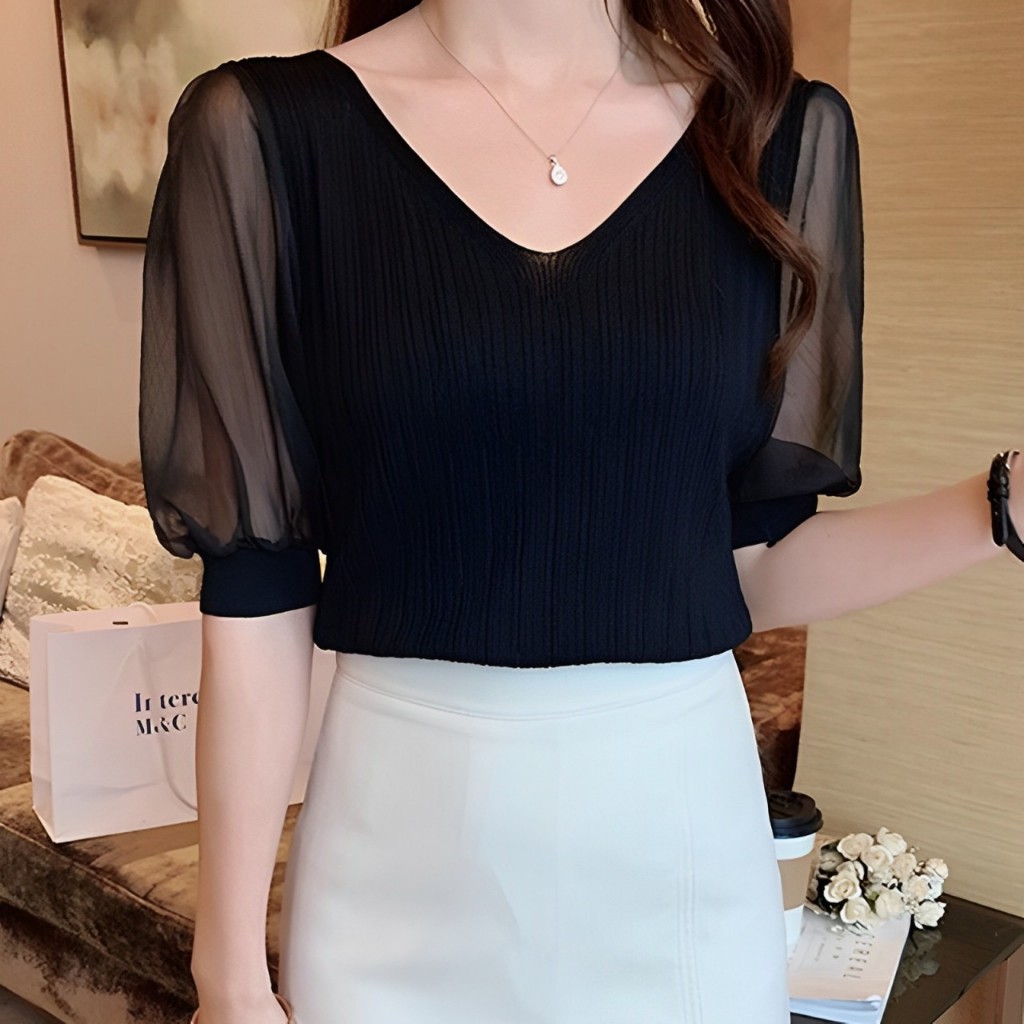 Fashion Fabric - Blouse Rajut Surplice V-neck Lengan 3/4 Kombinasi Tile Transparan #4427