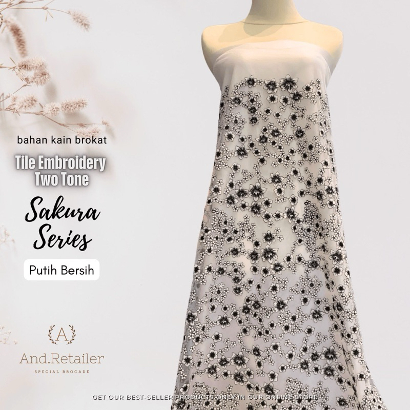 Bahan Kain Brokat Kebaya MewaH Tile Embroidery Sakura 2tone Warna Putih Bersih