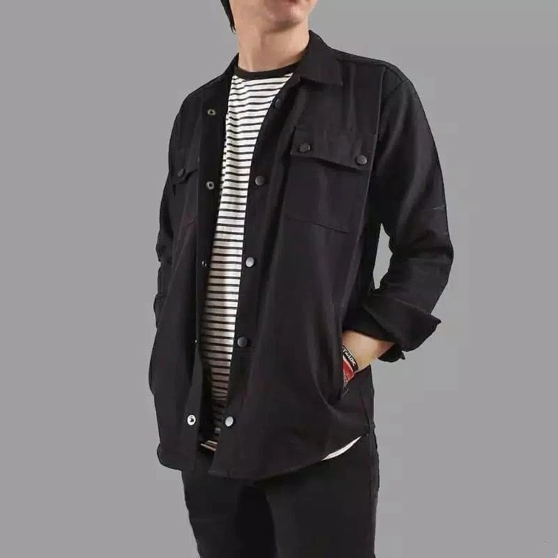 Jaket Semi Parka Pria Kancing Hitam Casual Jaket Trucker Pria Canvas Kemeja Parka Hitam Full Size