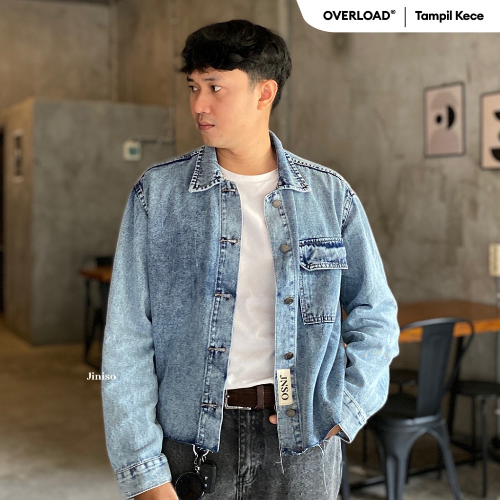 JINISO - Denim Pria Jaket Jeans Oversize Seoul Blue Acid