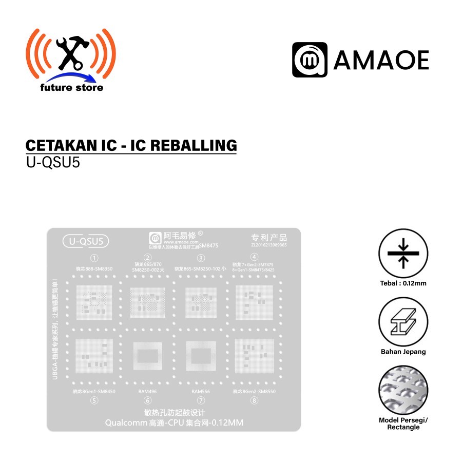 Amaoe U-QSU5 Cetakan IC BGA Reballing Stencil for Qualcomm Snapdragon CPU 888-SM8350/865/SM8250-002/