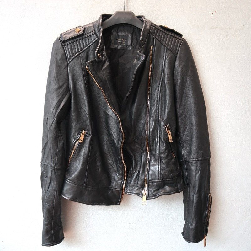 Zara Jaket kulit asli domba ramones cewek wanita biker rider jaket motor leather jacket Pl bekas pre