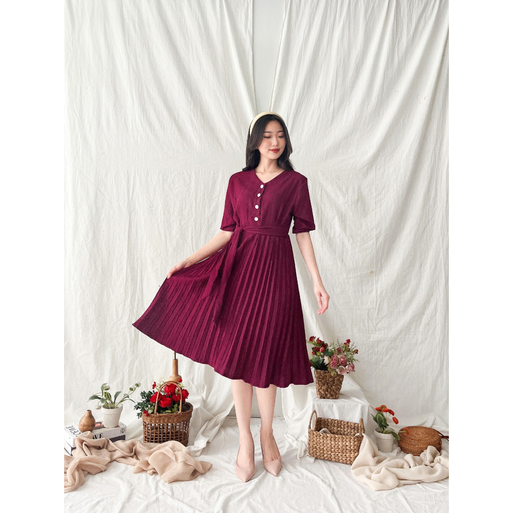 [PlaynCo] Aimee Midi Dress Wanita Aksen Pleats Elegan – Premium Lady Crush (Maroon/Emerald Green)