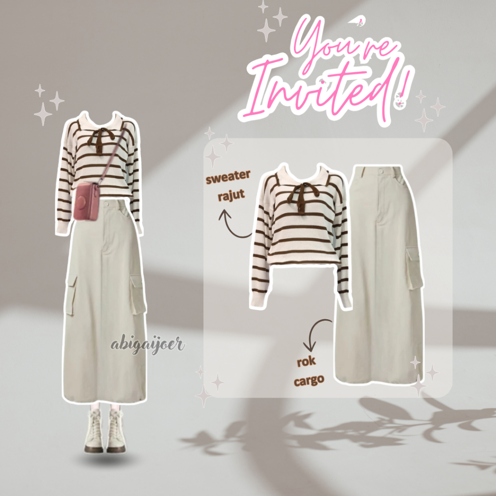 Oneset Wanita Rok 2in1 (Sweater Rajut + Rok Cargo) OOTD Kekinian