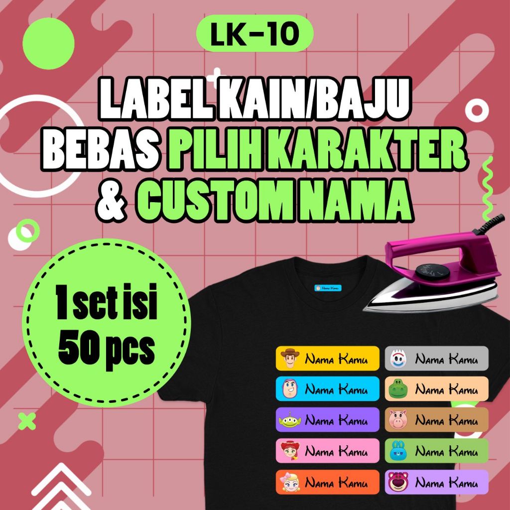 

LK10 Sticker Nama Label Printing Kain / kaos Sablon Setrika Tema Karakter Isi 50pcs Gratis Custom Nama (Bukan Bordir tapi Label DTF Bisa Ditempel)