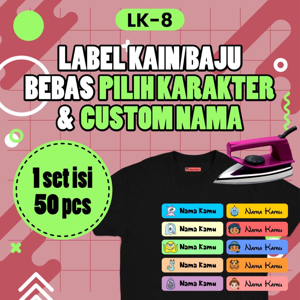 

LK8 Sticker Nama Label Printing Kain / kaos Sablon Setrika Tema Karakter Isi 50pcs Gratis Custom Nama (Bukan Bordir tapi Label DTF Bisa Ditempel)