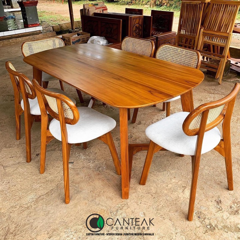 Set meja makan oval kursi 6-Set meja makan kursi kacang jok-Meja makan minimalis