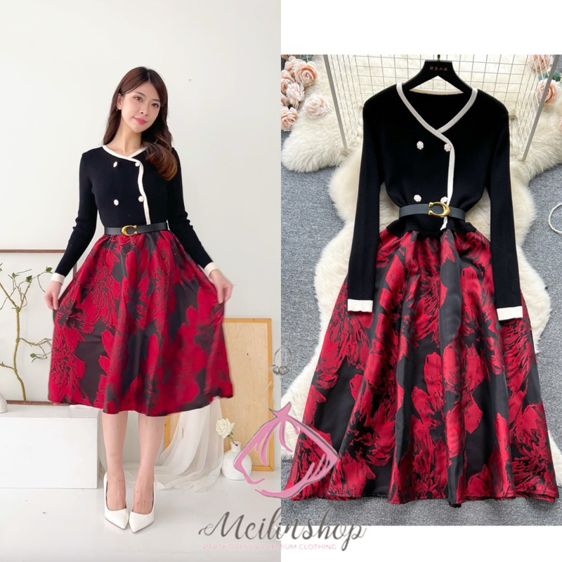 Red Flower Knit Midi Dress Natal/ Rok Bunga merah import Party dress / gereja natal/ kondangan/ dres