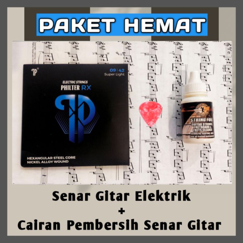 Paket Hemat Senar Gitar Elektrik Listrik Philter Rx Dan Cairan Pembersih Gitar