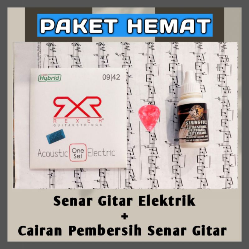 Paket Hemat Senar Gitar Elektrik Listrik Rexer Dan Cairan Pembersih Gitar