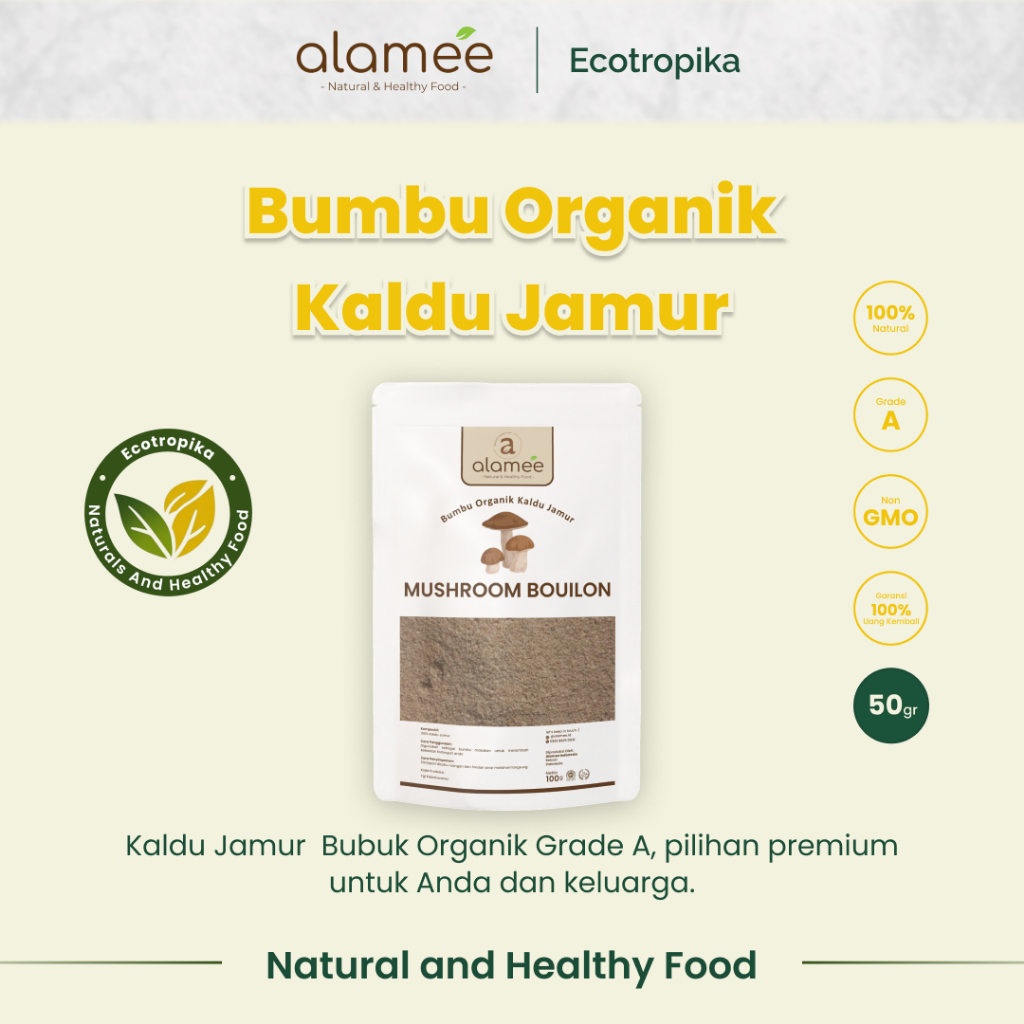 

Kaldu Jamur Bubuk NON MSG Bumbu Dapur Organik Praktis Mushroom Powder Bouilon Penyedap Rasa 50gram