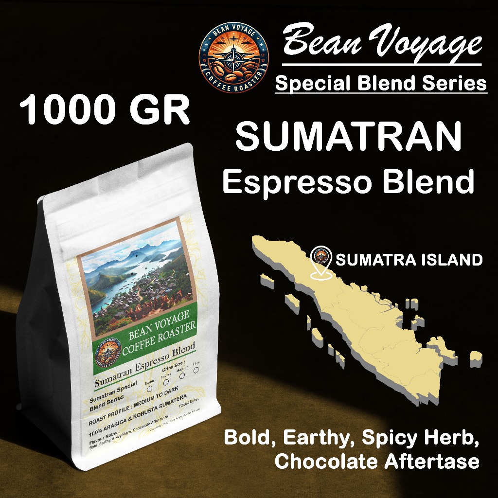 

Kopi Arabika Robusta Bean Voyage Sumatera Espresso Special Blend Bubuk Biji Roasted Coffee 1kg