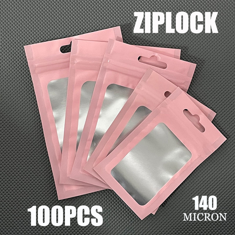 100PCS Kecil Plastik Klip Ziplock Aksesoris berwarna merah muda Zipper Bag Kartu, foto, suvenir, per