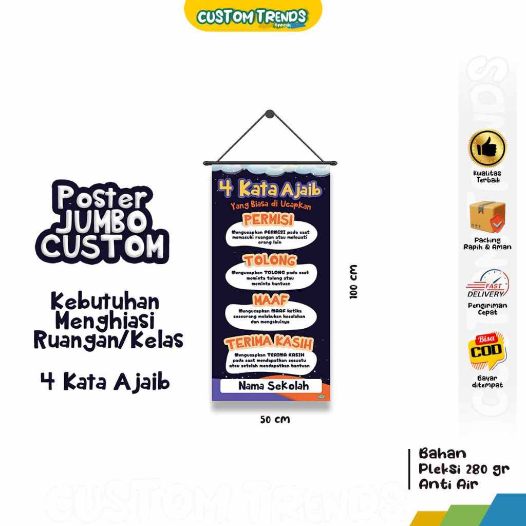 Poster Edukasi Jumbo 4 Kata Ajaib Custom Nama Sekolah & Lembaga ukuran 100 cm x 50 cm, Poster Sekola