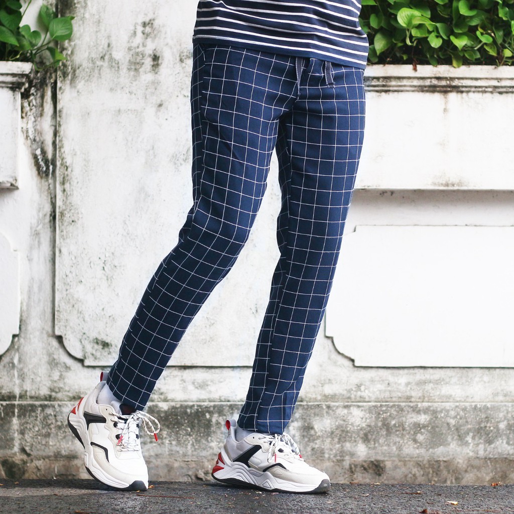 Celana Tartan Panjang Motif Kotak Kotak Merah Biru Pria Ukuran 27 - 38