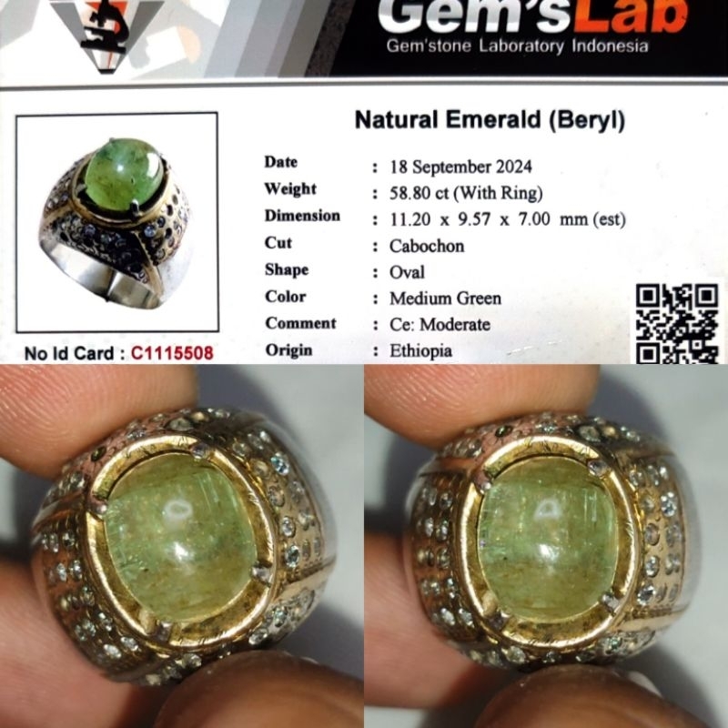 Natural Emerald Zamrud Jamrud Ethiopia Bukan Colombia 4.25ct Berat Loostone Memo GLI Ring Perak Teba