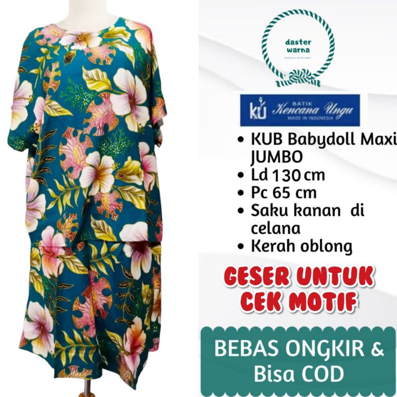 Setelan Baby Doll Baju Tidur Kulot Jumbo Tanpa Kancing Stelan Batik Kencana Ungu Label Biru Original